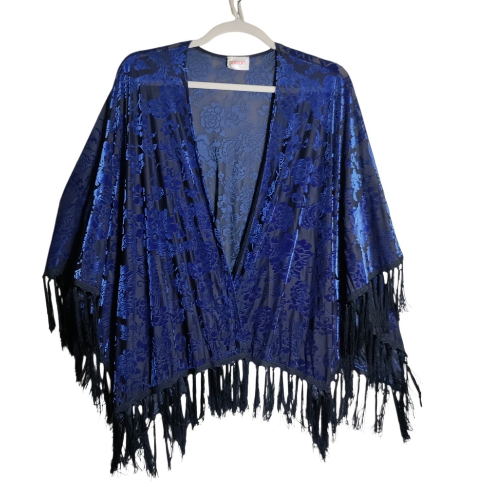 Moon Royal Blue Floral Burnout Velvet Fringe Kimono Cardigan Large Made in USA